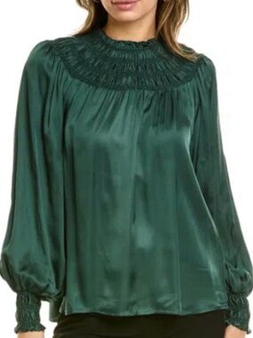 Boden Womens Top US 12 Green Smocked Yoke Detail Ruffled Blouse NEW 3164